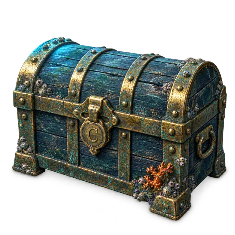 A brass-bound treasure chest on the reef