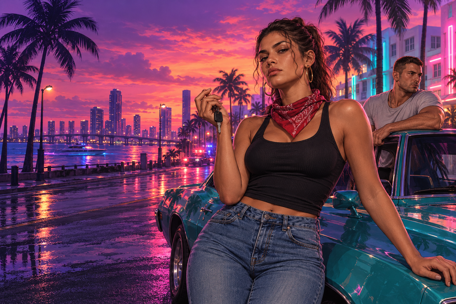 Painted fan artwork of Lucia with car keys beside a convertible at sunset