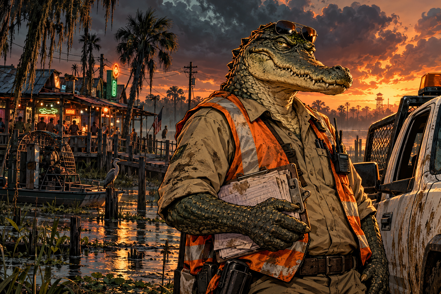 Marlow, an alligator inspector with a clipboard outside a swamp bar at sunset